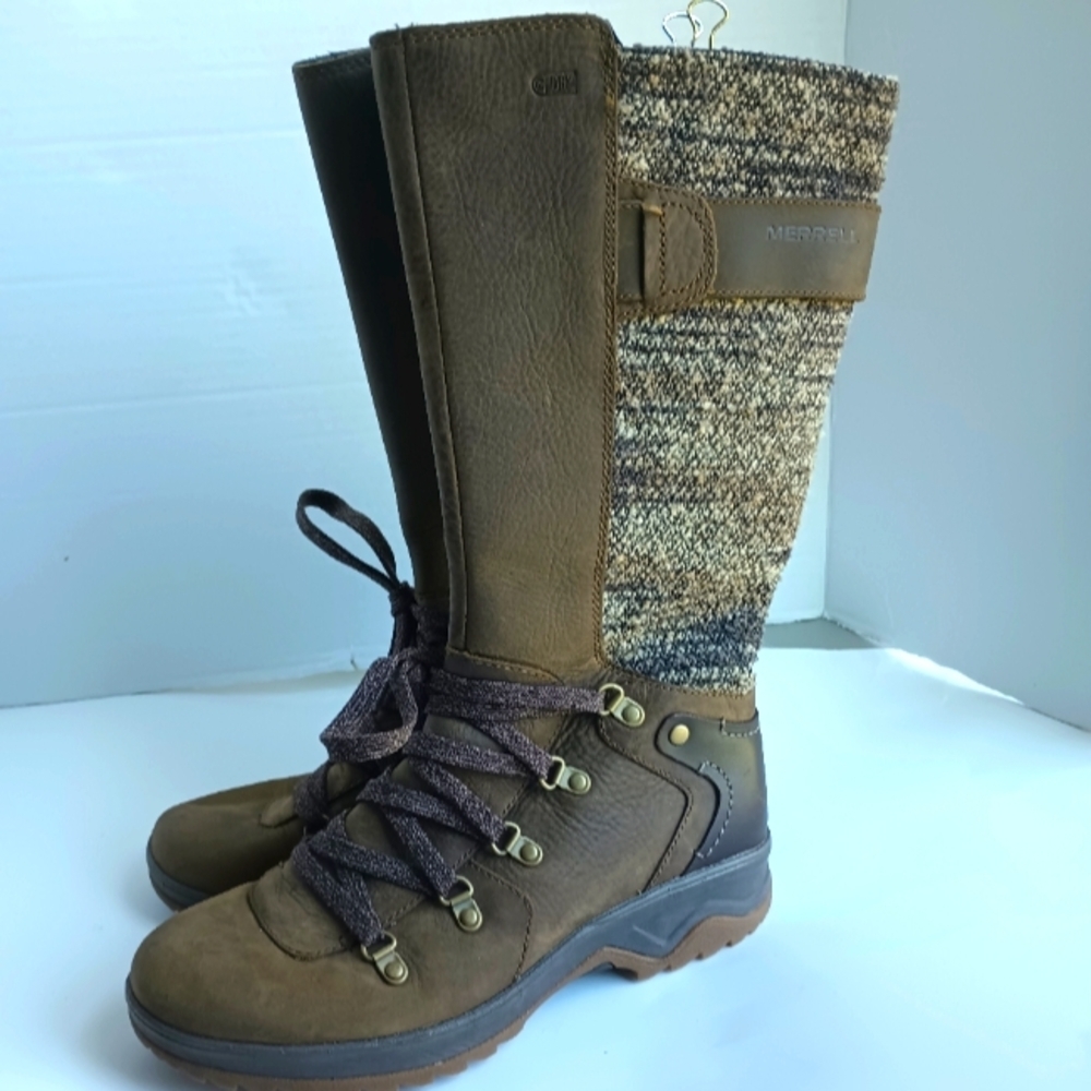 Merrell Womens Dark Earth Waterproof Boots Size 6 Knee High Lace Up Tweed